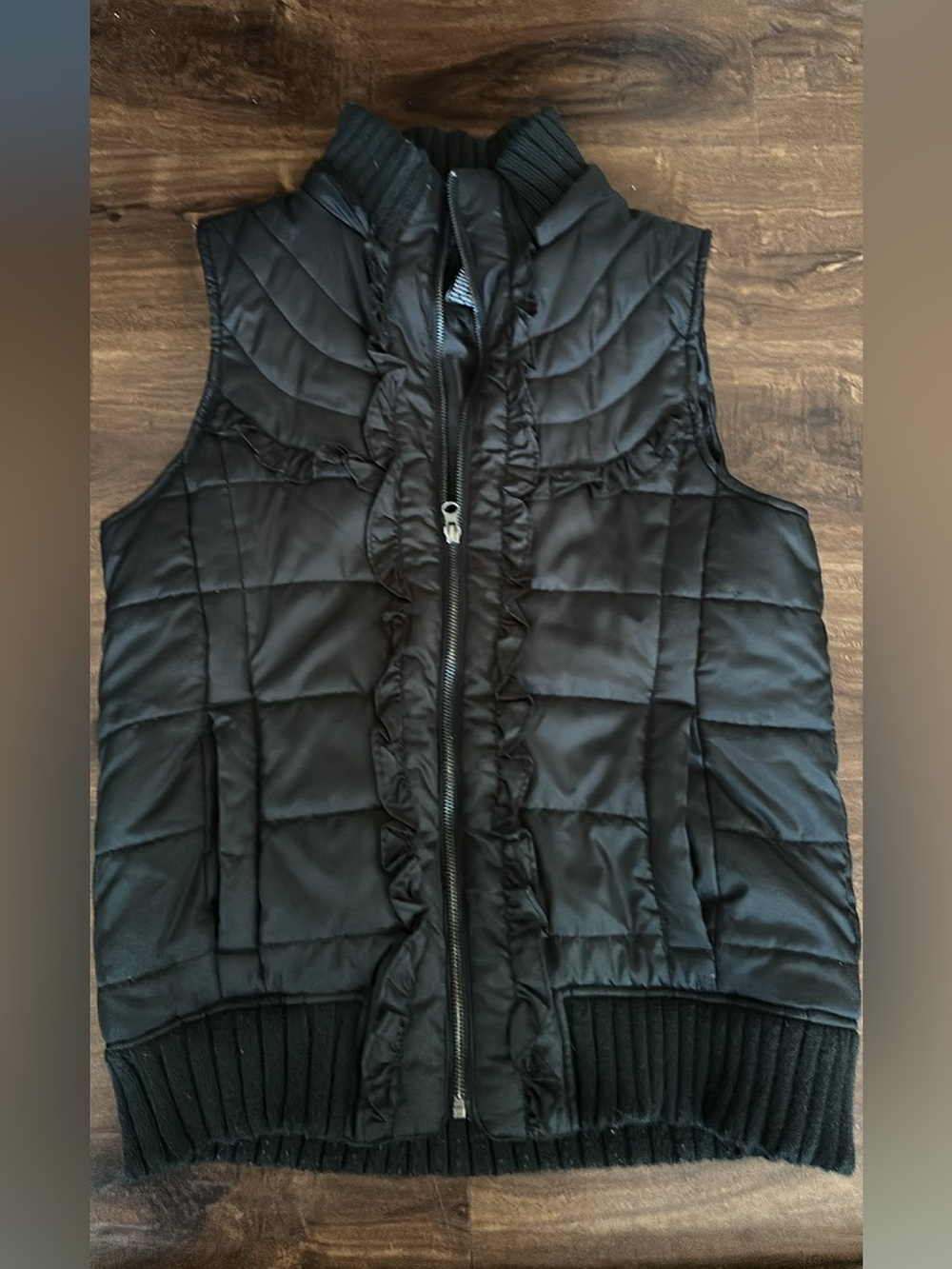 Vanity Black Quilted Puffer Vest with Ruffle Trim